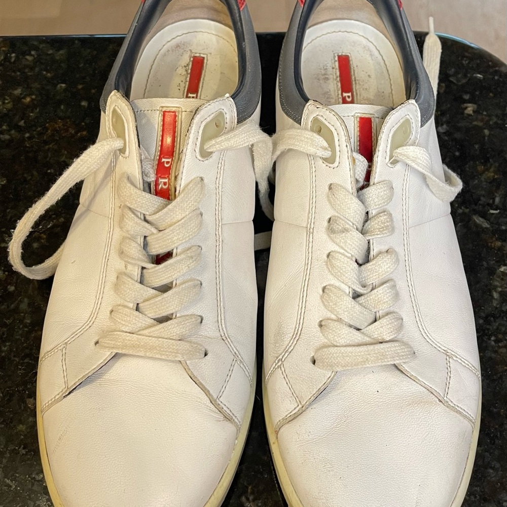 Prada White Leather Low-Top Sneakers – Red & Grey Accents